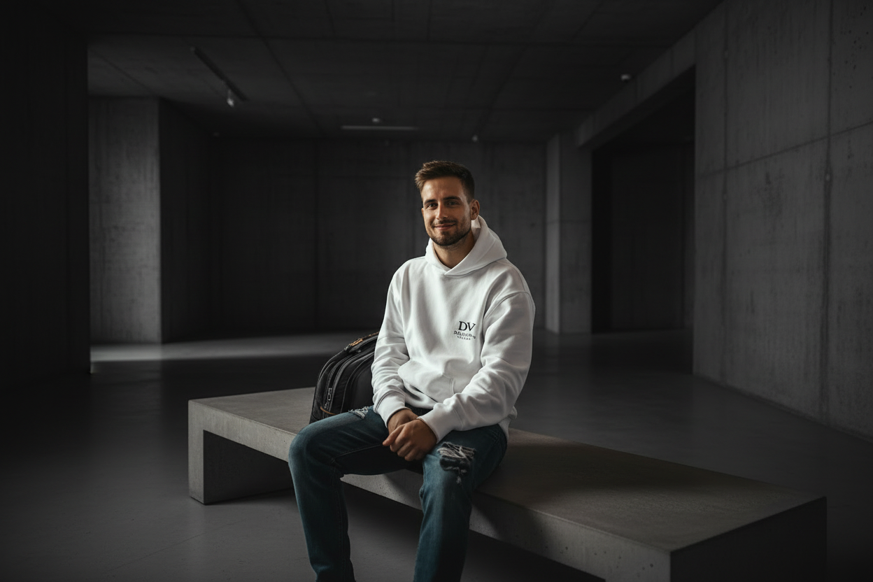 “Dalston Village core collection oversized hoodie in modern London setting.”